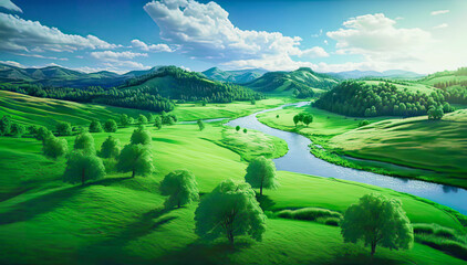 Obraz premium Top view of the river, green fields and trees on a bright sunny day. Generative AI.