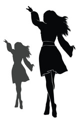 A black silhouette with a beautiful young girl gracefully walking with her back to the viewer, she has long flowing hair and a short kimono dress, she raises her hand up. 2d vector art