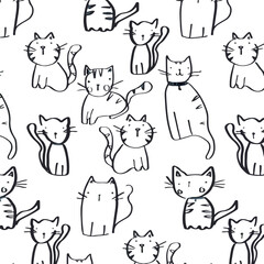 Cute cats illustrations with pattern, vector illustration on white background, allover cats print