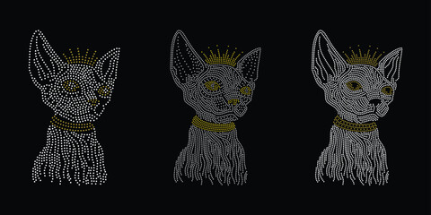 glamorous sphynx cat with collar and crown, hot fix rhinestone design