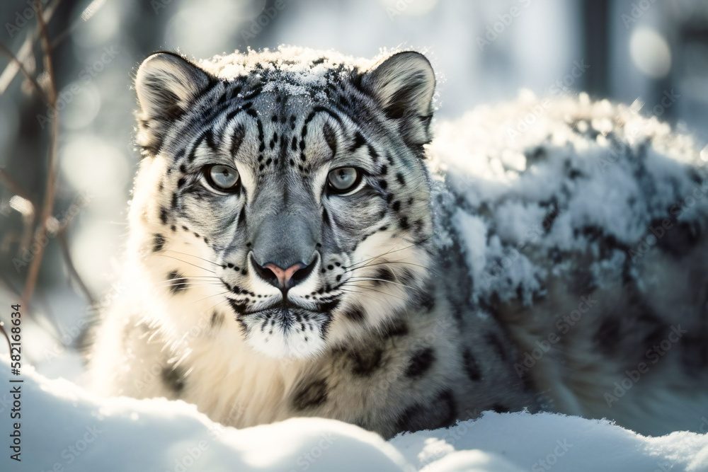 Poster snow leopard in winter. created with generative ai technology.