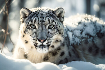 Snow leopard in winter. Created with Generative AI technology.