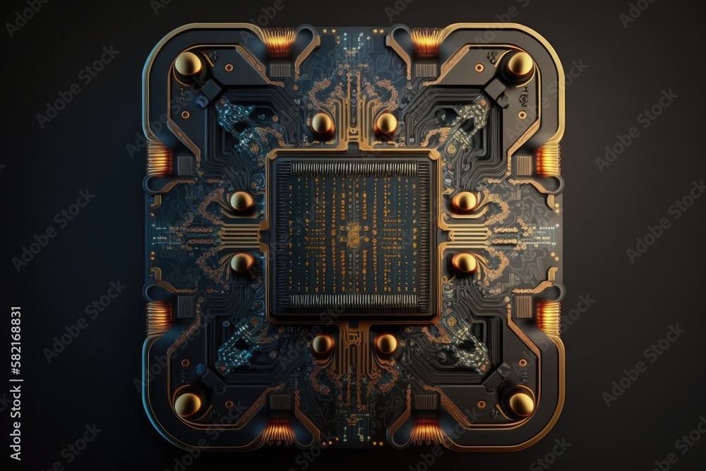 Canvas Prints symmetrical microchip with structure from nanotechnologies against dark background, created with generative ai