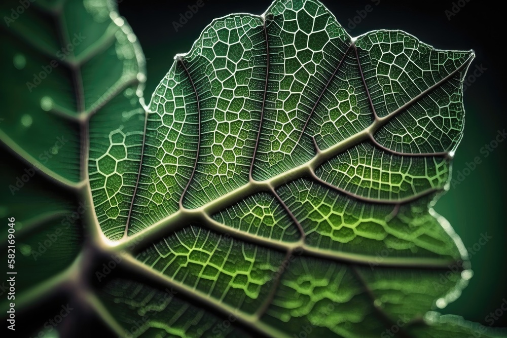 Poster microscopic photographic image of nanotechnologies green leaf, created with generative ai