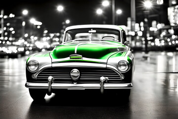 Fototapeta premium AI generated image of green classic car on black and white background, film noir style.
