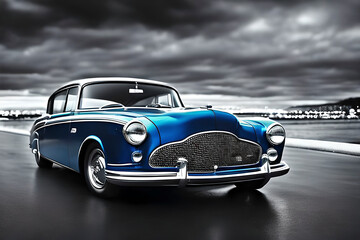 Obraz na płótnie Canvas AI generated image of blue classic car on black and white background, film noir style.
