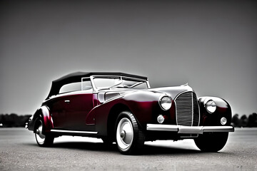 AI generated image of maroon classic car on black and white background, film noir style.