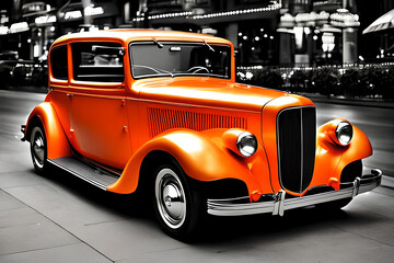 AI generated image of orange classic car on black and white background, film noir style.
