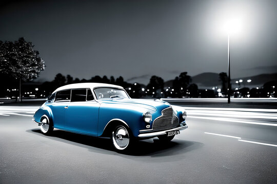 AI generated image of blue classic car on black and white background, film noir style.