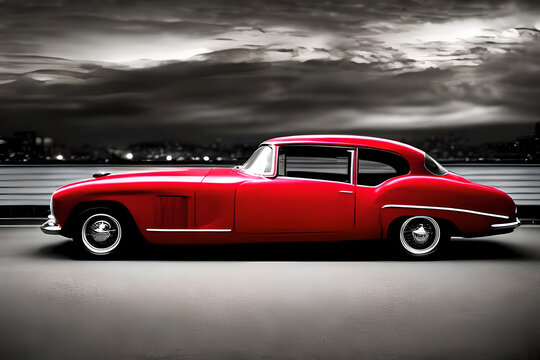 AI generated image of red classic car on black and white background, film noir style.