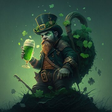 Joyeuse Fête de Saint Patrick ! Leprecahun Vert tenant une bière verte devant un fond vert. (Generative IA)