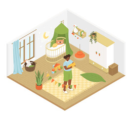 Mother and newborn in the nursery - modern vector isometric illustration