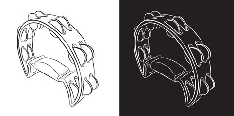  Black and white half moon tambourine. outline drawing. percussion musical instrument. Vector illustration isolated on white and black background.