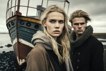 Young stylish couple wearing trendy coat posing outdoors on Iceland or Norway scandinavian landscape. Generative AI