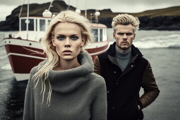 Young stylish couple wearing trendy coat posing outdoors on Iceland or Norway scandinavian landscape. Generative AI