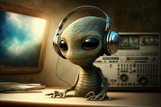 Happy alien listening music with headphones. Generative AI