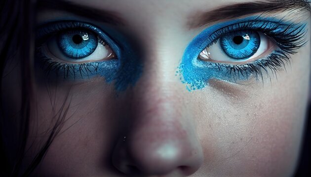 Beautiful blue eyes of young woman with bright make up. Generative AI