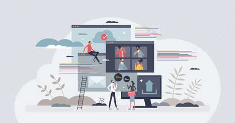 Collaboration tools for team communication or partnership tiny person concept. Company work strategy with remote digital solutions for video call, file exchange and teamwork chats vector illustration