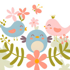 birds on flowers cartoon