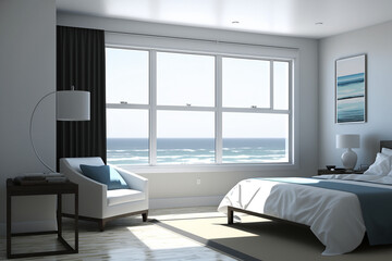 Interior of modern style bedroom with large bed and sea view. Summer holiday at luxury resort. AI Generated.