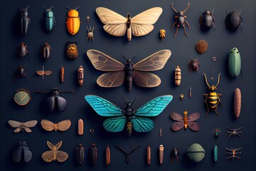 Set of various insects on a dark background. generative AI. - obrazy, fototapety, plakaty