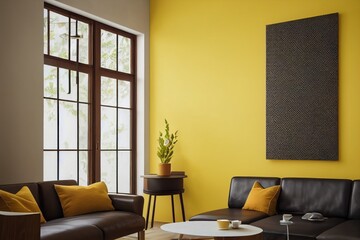 Fototapeta premium Bright modern room with yellow interior background. Generative AI