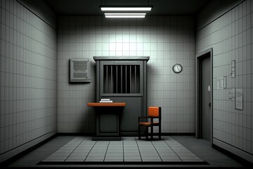 Empty dark interrogation room. Generative AI - obrazy, fototapety, plakaty