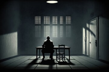 Detective waiting for suspicion in the interrogation room. Generative AI - obrazy, fototapety, plakaty