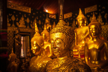 Fototapeta premium Golden group buddha faces statue meditation sitting with a Golden Buddha background up down and sitdown.