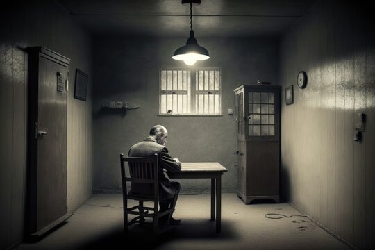 Detective waiting for suspicion in the interrogation room. Generative AI