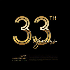 33th anniversary logo with double line style. Gold line art design. Logo Vector Template