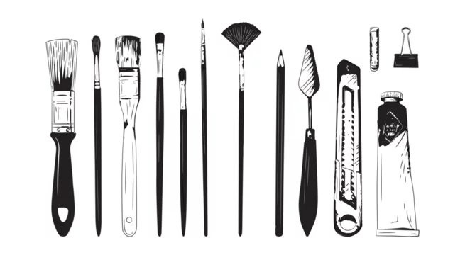 Vector Set Of Paint Instruments For Kids Drawing Monochrome