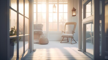 Modern porch with big windows and bright light. Created with Generative AI technology.