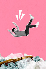 Creative image trend collage of scared young guy falling down into dump rubbish ecological disaster...