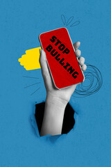 Conceptual collage picture hand breakthrough torn paper background hold smart phone touchscreen...