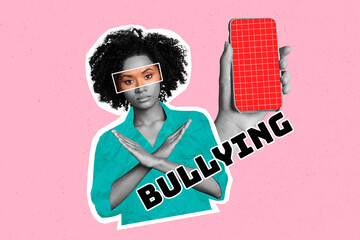 Creative magazine banner collage of young lady crossing arms stop cyberbullying concept while using...