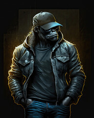 Fototapeta na wymiar Gorilla in baseball cap and leather jacket. Against a dark background. Digital Art. Generative ai.
