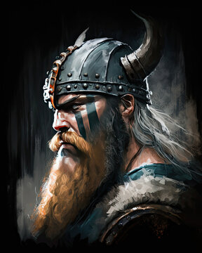 A Viking wearing a helmet with horns. Medieval berserker warrior with beard and mustache. Oil painting style. Generative ai.