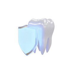 Tooth with shield isolated on transparent background. Protection. 3d render. PNG. Dentistry, medicine concept. 3D rendering, ui, ux. Teeth. Health. Shield protect