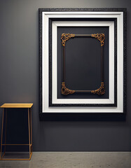 Frame mockup empty blank black color on black wall and chair in modern interior. Generative AI