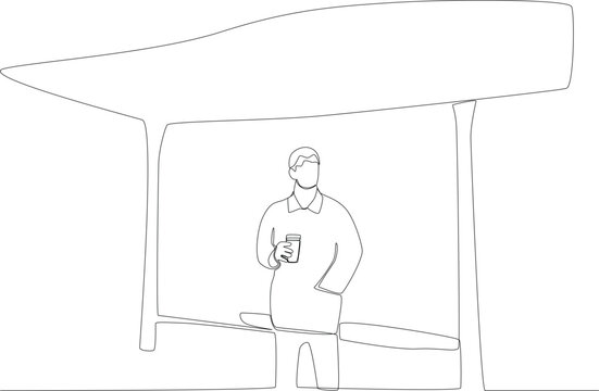 A man holding coffee at the station. Public transport one-line drawing