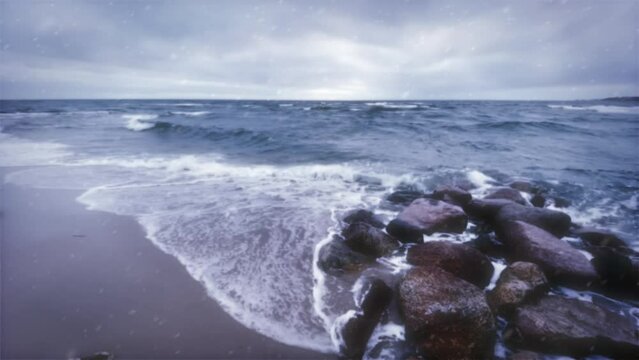 Stormy Ocean Waves Crash on a Beach at Chatham, Cape Cod in Winter