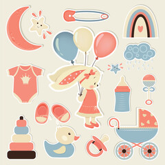 A set of stickers for a newborn girl. Vector