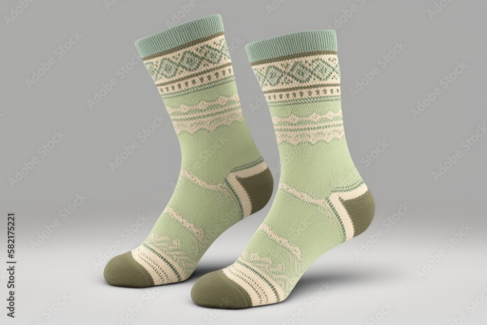 Wall mural light green socks with ornament trim on beige background set of socks, created with generative ai