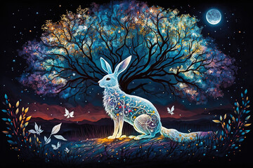 Fantasy Night | starry night where the sky is filled with twinkling lights and the aurora borealis dances in the background. white rabbit hopping towards a majestic white tree with glowing leaves. Ai