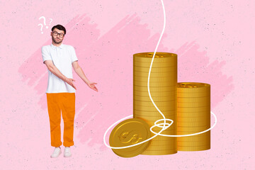 Collage portrait of mini clueless guy question mark head demonstrate huge ties pile stack money...
