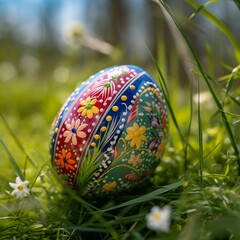 Obraz na płótnie Canvas Close up of an colourful traditional Ukraine easter egg in the green grass with catkins and spring flowers, Generative AI