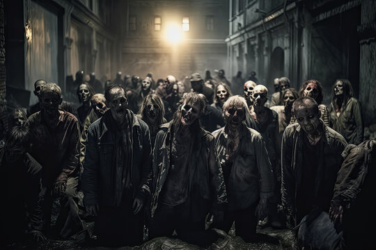 crowd of undead zombies in post-apocalyptic city at night. Generative AI illustration