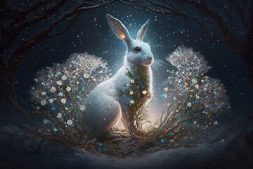 Fantasy Night | starry night where the sky is filled with twinkling lights and the aurora borealis dances in the background. white rabbit hopping towards a majestic white tree with glowing leaves. Ai