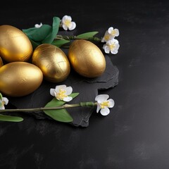 Easter Decoration With Golden Eggs on Dark Shale Background Generative AI